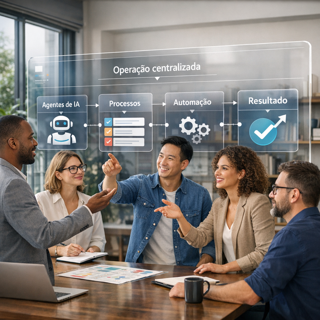 Equipe discutindo operação centralizada com IA